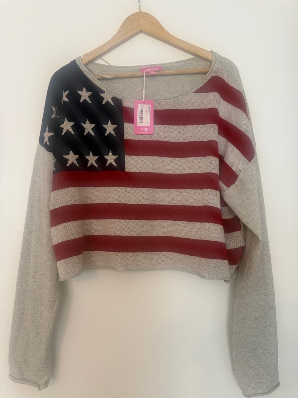 Edikted Gray Cropped American Flag Sweater with Red and Navy Stars
